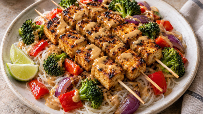 Grilled tofu skewers drizzled with peanut sauce over rice noodles, broccoli, red bell pepper, and red onion, with lime wedges.