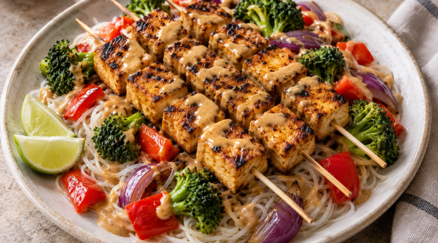 Grilled tofu skewers drizzled with peanut sauce over rice noodles, broccoli, red bell pepper, and red onion, with lime wedges.