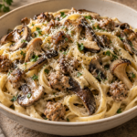 Creamy fettuccine with browned Italian sausage and sautéed wild mushrooms, topped with grated Parmesan and parsley.