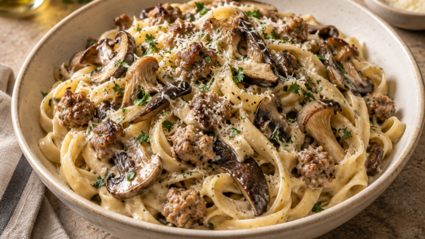 Creamy fettuccine with browned Italian sausage and sautéed wild mushrooms, topped with grated Parmesan and parsley.