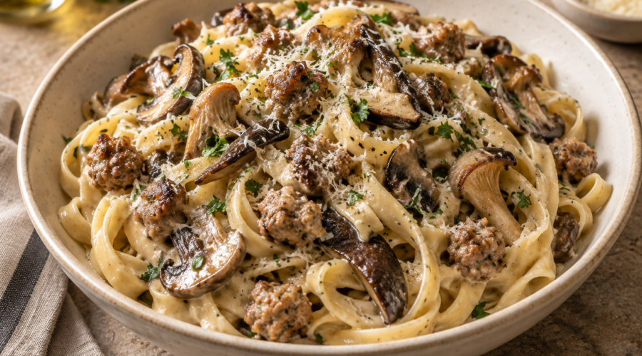 Creamy fettuccine with browned Italian sausage and sautéed wild mushrooms, topped with grated Parmesan and parsley.