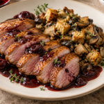Sliced pan-seared duck breast with crispy golden skin, wild mushroom stuffing, and cherry balsamic sauce, garnished with thyme.