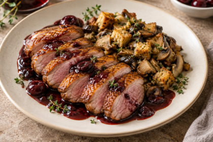 Sliced pan-seared duck breast with crispy golden skin, wild mushroom stuffing, and cherry balsamic sauce, garnished with thyme.