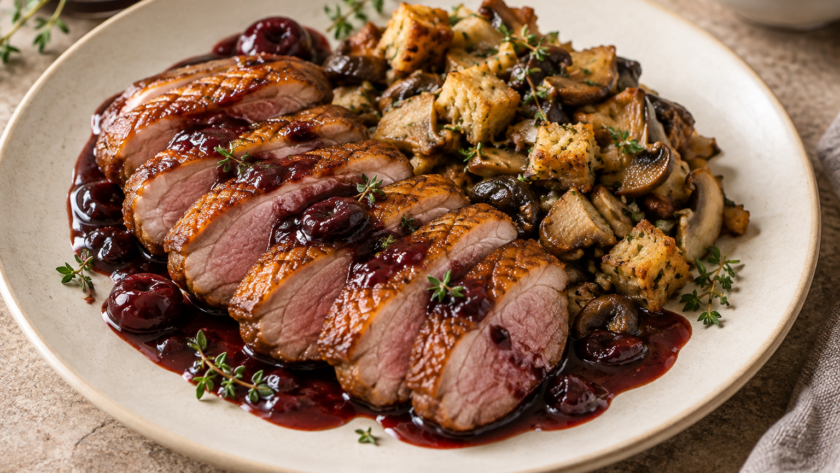 Sliced pan-seared duck breast with crispy golden skin, wild mushroom stuffing, and cherry balsamic sauce, garnished with thyme.