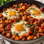 Smoked paprika chorizo sweet potato hash with fried eggs in a skillet