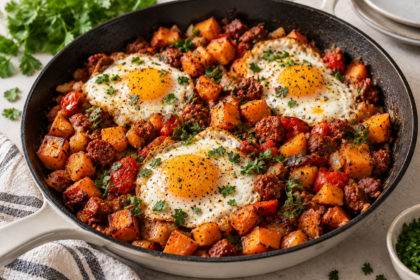 Smoked paprika chorizo sweet potato hash with fried eggs in a skillet
