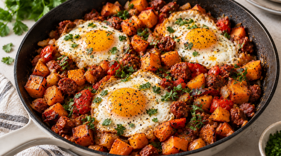 Smoked paprika chorizo sweet potato hash with fried eggs in a skillet