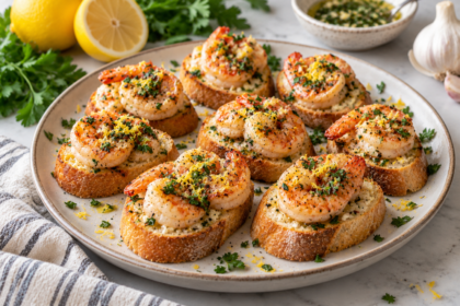 Lemon garlic shrimp crostini bites topped with parsley and lemon zest