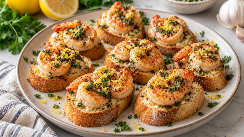Lemon garlic shrimp crostini bites topped with parsley and lemon zest