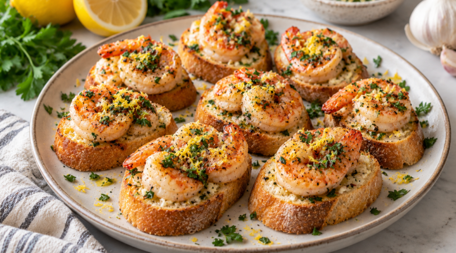 Lemon garlic shrimp crostini bites topped with parsley and lemon zest