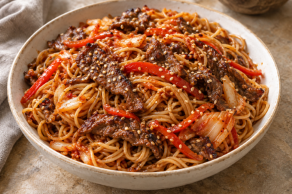 Bulgogi beef and thin noodles tossed with red bell pepper and kimchi in a glossy sauce, topped with toasted sesame seeds.