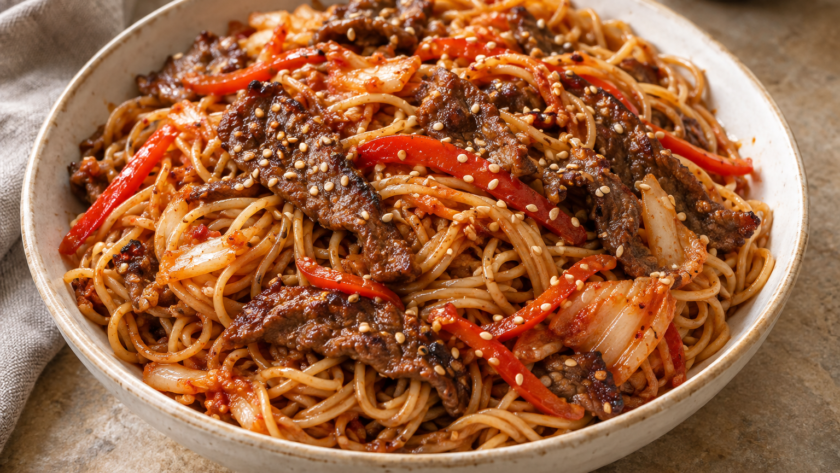Bulgogi beef and thin noodles tossed with red bell pepper and kimchi in a glossy sauce, topped with toasted sesame seeds.