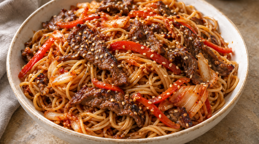 Bulgogi beef and thin noodles tossed with red bell pepper and kimchi in a glossy sauce, topped with toasted sesame seeds.