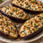Roasted eggplant boats filled with ricotta, feta, and herbs, topped with golden pine nuts on an ivory platter.