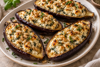 Roasted eggplant boats filled with ricotta, feta, and herbs, topped with golden pine nuts on an ivory platter.
