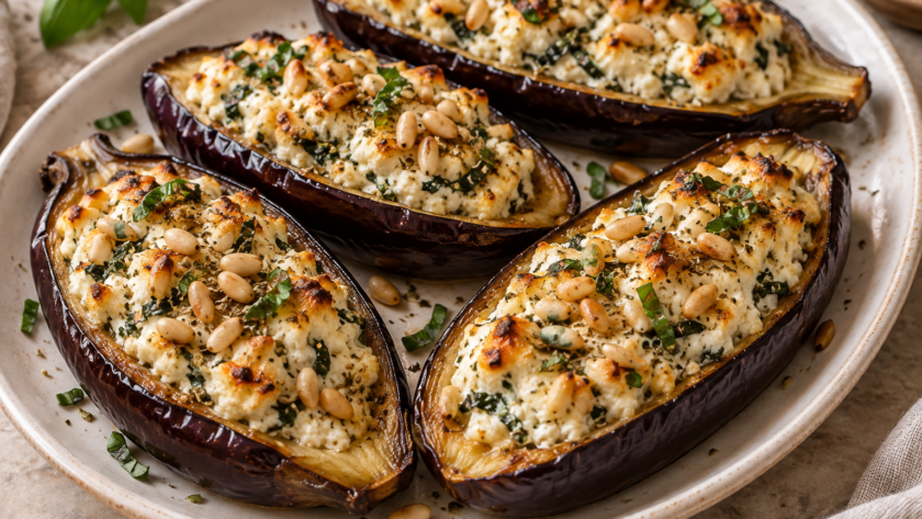 Roasted eggplant boats filled with ricotta, feta, and herbs, topped with golden pine nuts on an ivory platter.