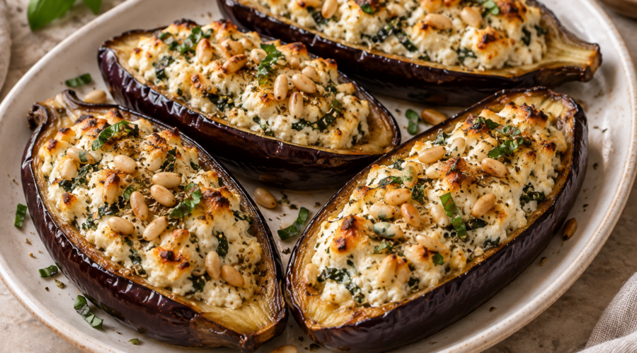 Roasted eggplant boats filled with ricotta, feta, and herbs, topped with golden pine nuts on an ivory platter.