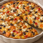 Sweet potato and black bean frittata with red bell pepper and crumbled feta, with one slice lifted from an ivory baking dish.