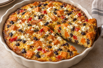 Sweet potato and black bean frittata with red bell pepper and crumbled feta, with one slice lifted from an ivory baking dish.