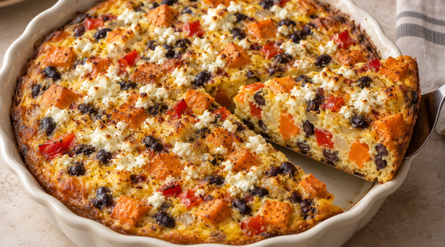 Sweet potato and black bean frittata with red bell pepper and crumbled feta, with one slice lifted from an ivory baking dish.